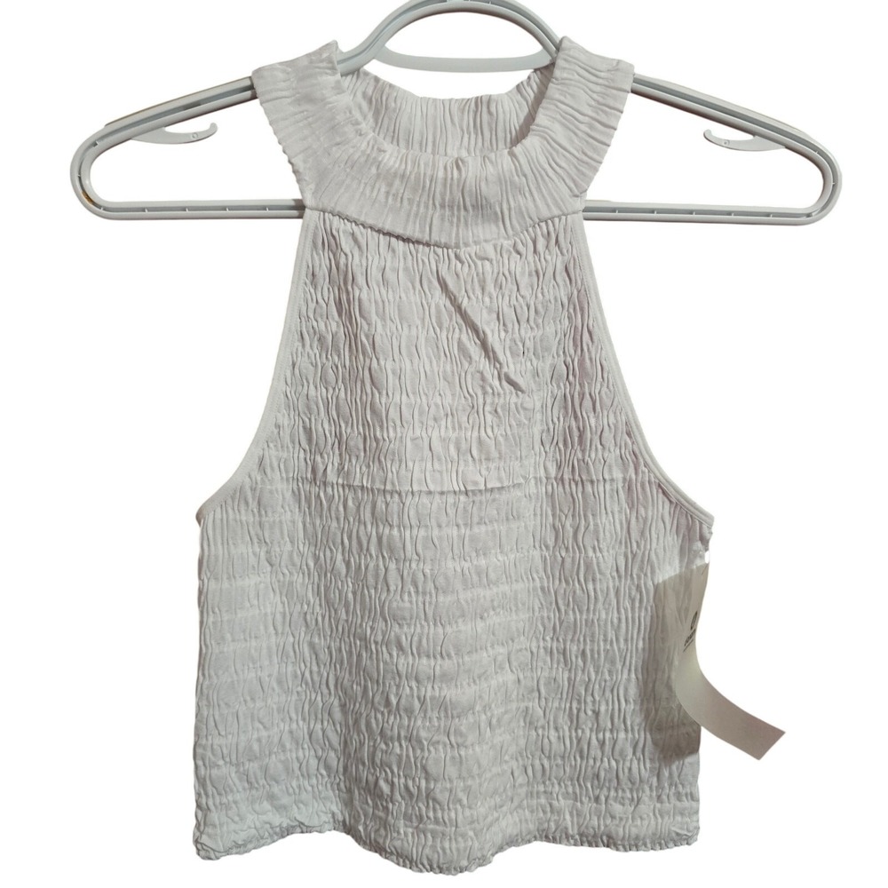 Mono B White Smocked Textured Sleeveless High Neck Tank Top Lightweight Small